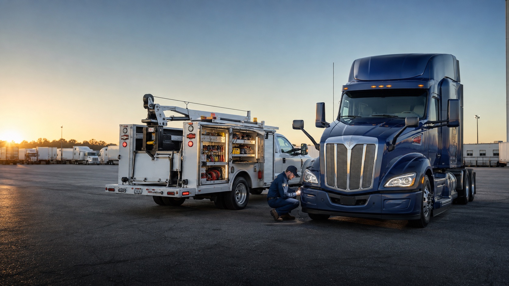 Illustration of a heavy-duty truck beside a mobile service vehicle