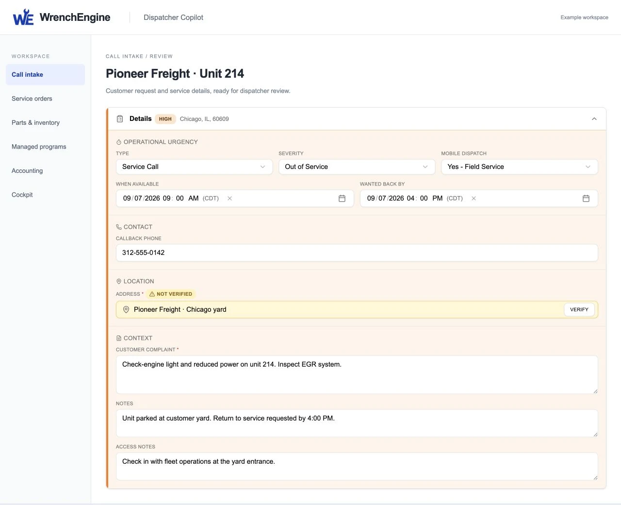 Fictional Call intake for Pioneer Freight unit 214