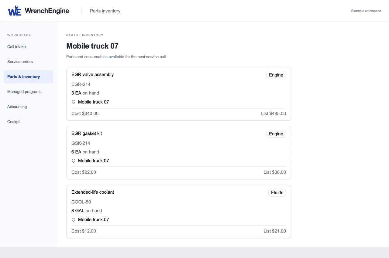Fictional inventory available to support the Pioneer Freight repair