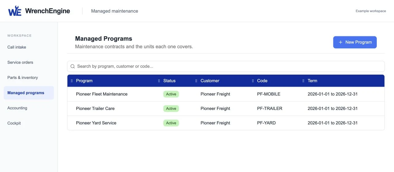 Fictional managed maintenance program for Pioneer Freight