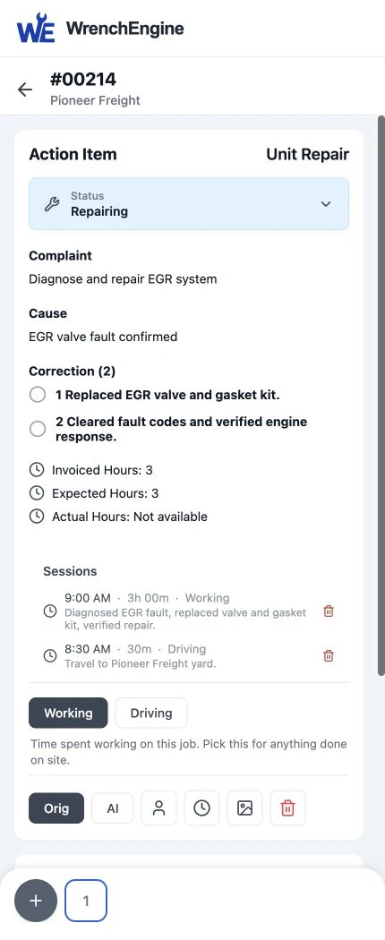 Fictional technician service order for Pioneer Freight unit 214
